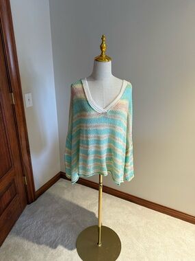 POL Pastel Striped V-Neck Sweater in Mint, Peach & Cream
